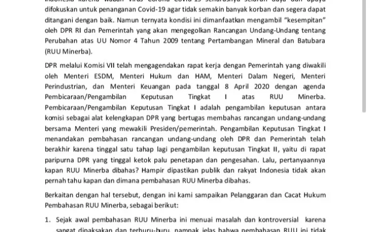 Pembahasan Dan Pengesahan RUU Minerba Di Tengah Pandemi Corona Cacat Hukum